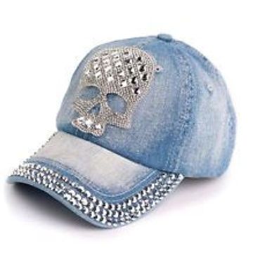 Blue denim cap with rhinestone skull design.