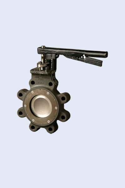 Industrial butterfly valve with manual lever handle for flow control.