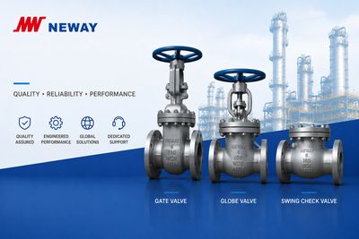 Three industrial valves displayed with quality and performance highlights.
