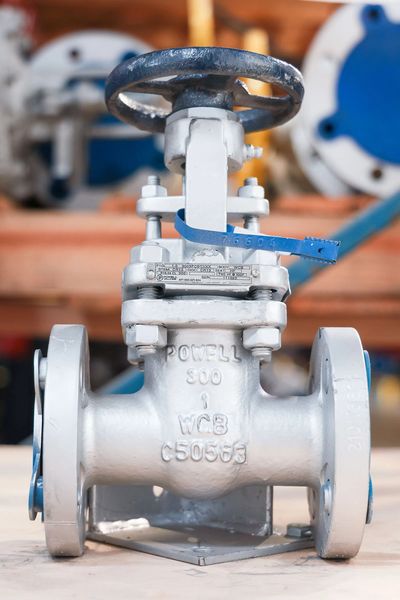 Close-up of a metallic industrial valve with inscriptions and a blue tag.