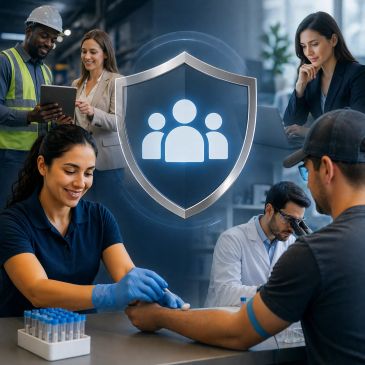 Healthcare and safety professionals collaborating with patient care and data protection.