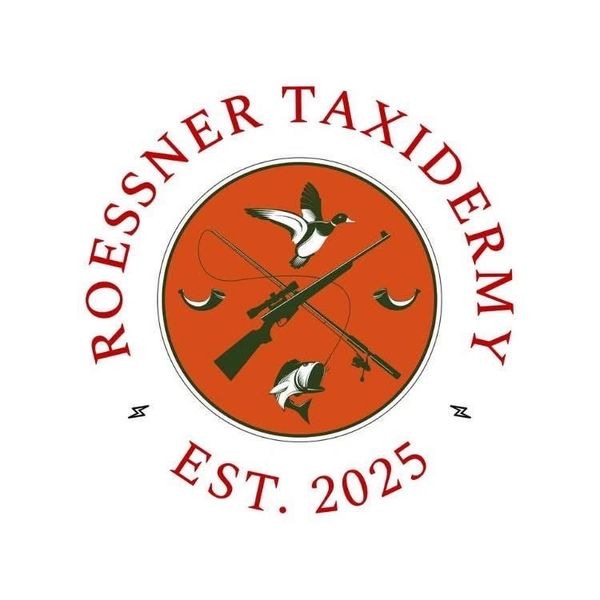 Logo for Roessner Taxidermy with hunting and fishing elements.