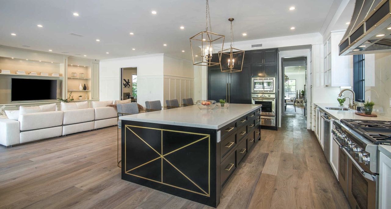 Brass And Black Kitchen Cabinets With Marble Countertops