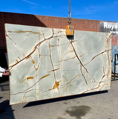 Blue Roma Quartzite slab yard in Los Angeles with full slabs of quartzite stone slabs from Italy 