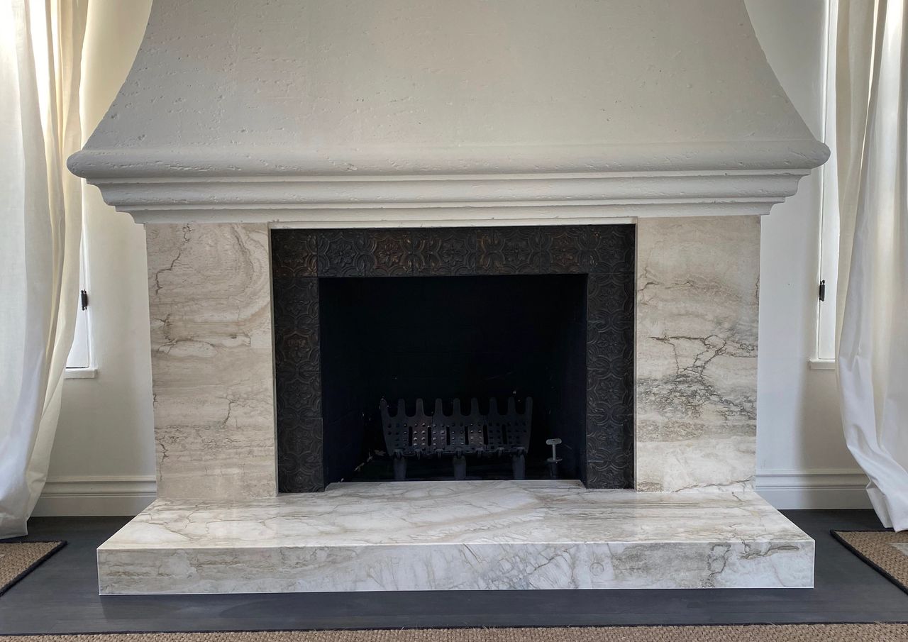 Italian Silver Travertine Slab Fireplace Ocean Blue Travertine