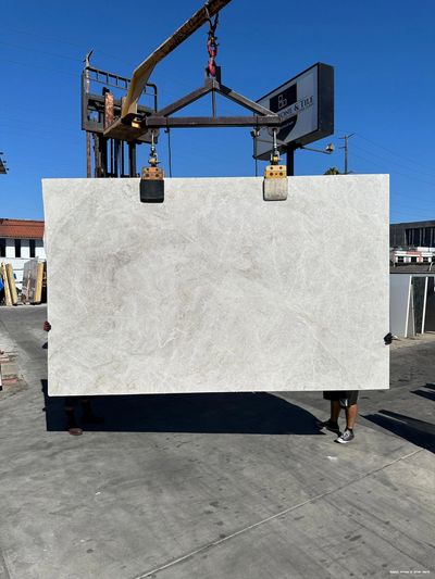 Exquisite Taj Mahal Select Super Light quartzite slab with a honed and brushed finish, 