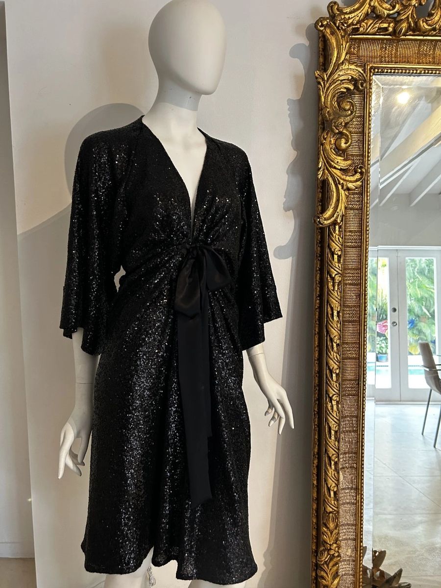 Black Short Sequin Kimono Dress