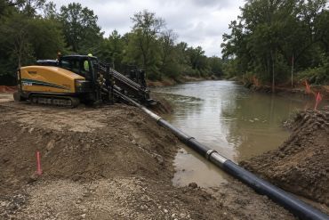 Pipe installation by a river with heavy machinery.