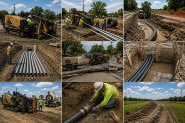 Construction workers laying large pipes underground in a field.