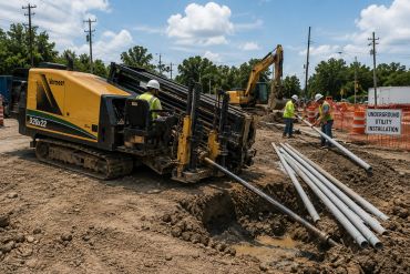 Workers installing underground utilities with heavy machinery.