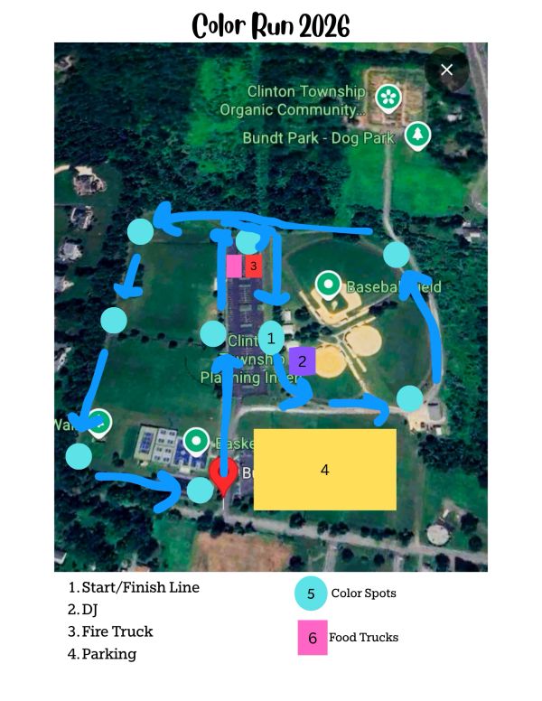 Map for Color Run 2026 showing route, key locations, and amenities.
