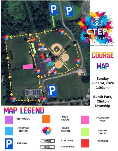 Course map for CTEF Color Run 2026 at Bundt Park, Clinton Township.
