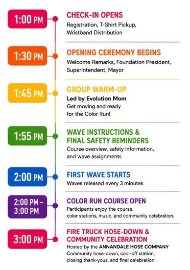 Color Run event schedule with activities from 1 PM to 3 PM.