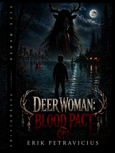 A boy faces a towering deer-woman figure under a full moon near a dark lake.