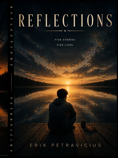 A person sits on a dock, watching a sunset over a calm lake, symbolizing reflection.