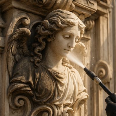 A statue of an angel being cleaned with a water spray.