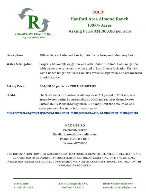 Real estate flyer for Hanford area almond ranch, 100+ acres, $34,000 per acre.