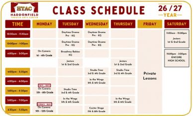 Madisonfield Theatre Arts Centre's class schedule for ages 2-17.