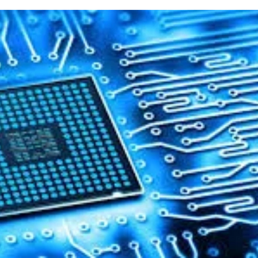 Close-up of a blue circuit board with an integrated microchip.