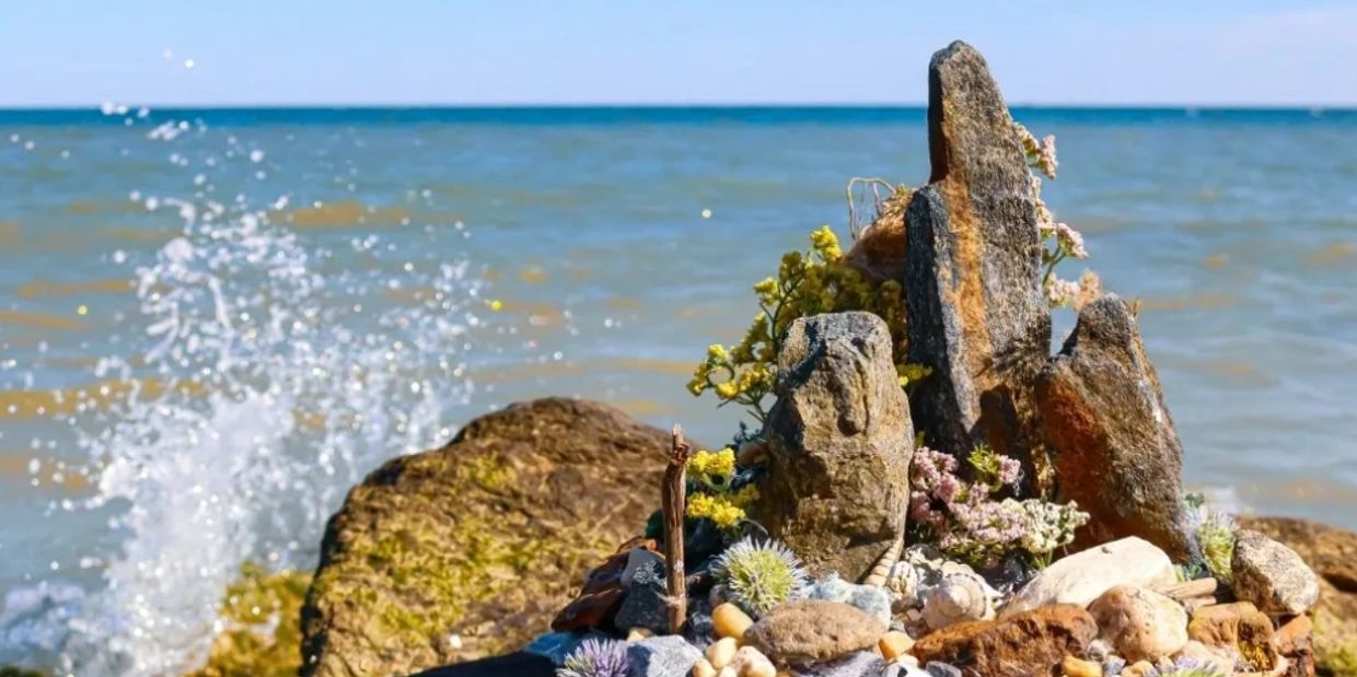 Small scale sculptural accent landscape with the water front for a backdrop scene.