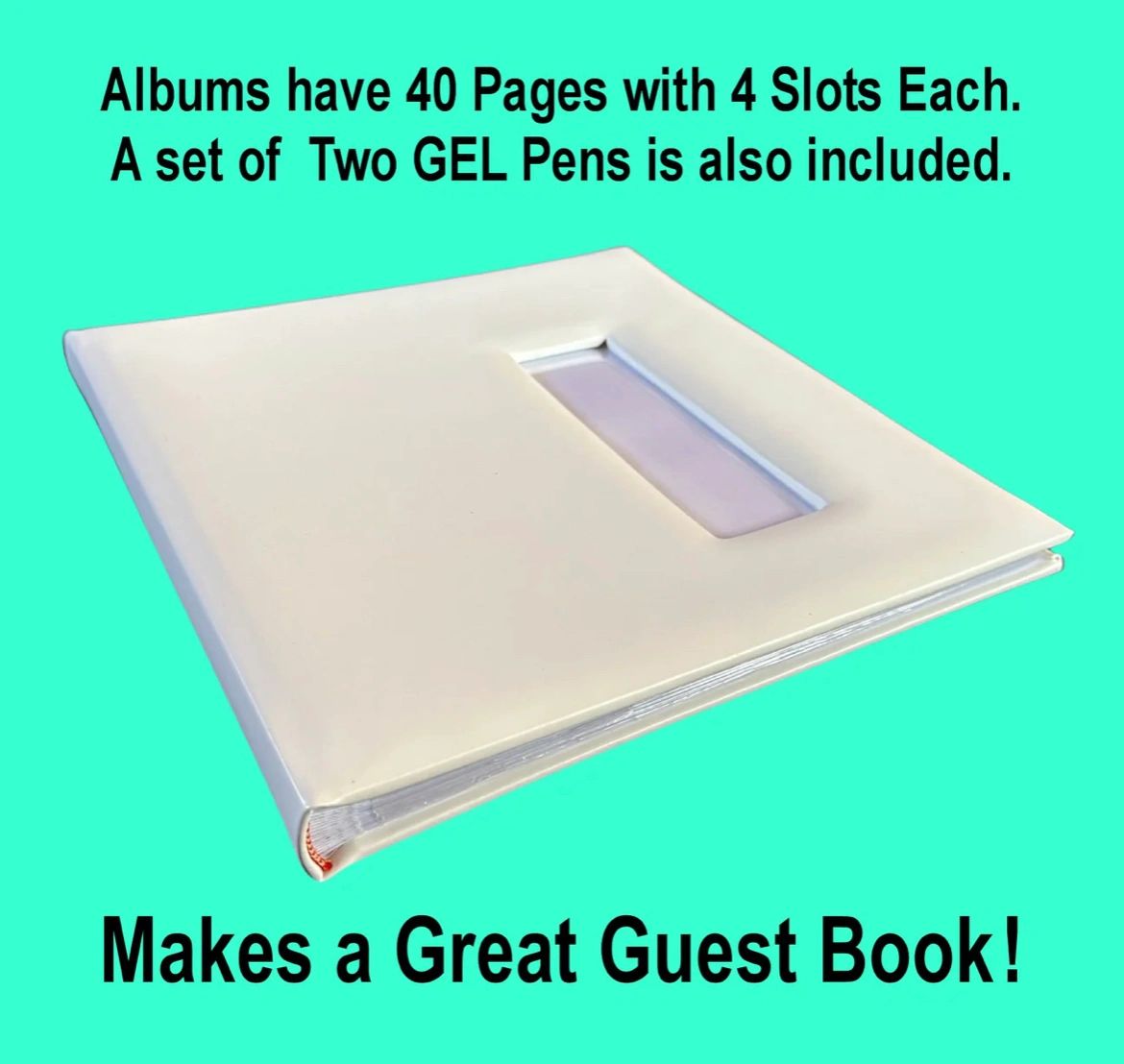 White guest book album with 40 pages and 4 slots each, including two gel pens.