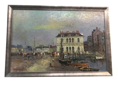 Vintage Oil On Canvas of European Street Scene