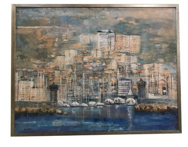 Large Mid Century Oil on Canvas of Monte Carlo Shoreline