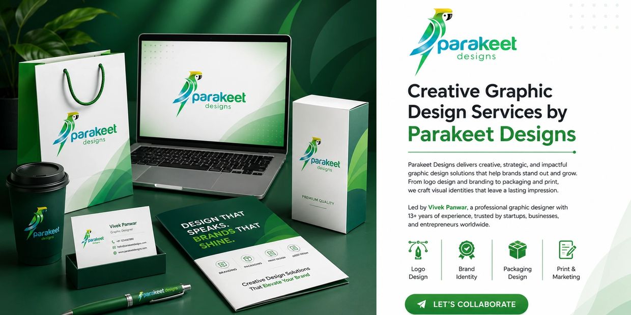 Branded graphic design materials for Parakeet Designs with a green theme.