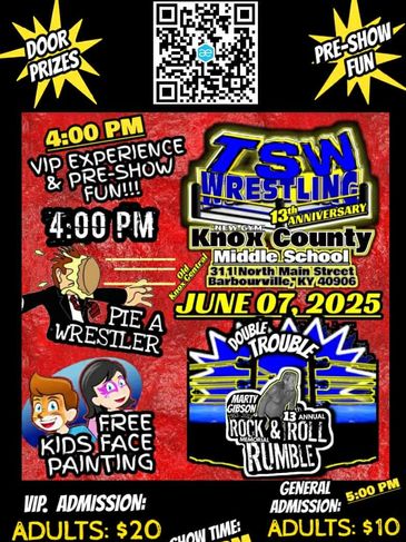 🎉 🎈 🎊 Saturday JUNE 7, 2025 🎈 🎉 🎊 
TSW wrestling celebrates 13yrs of hard hitting action!!!

S