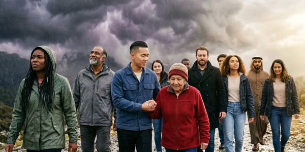Diverse group walking together in rainy, cloudy weather.