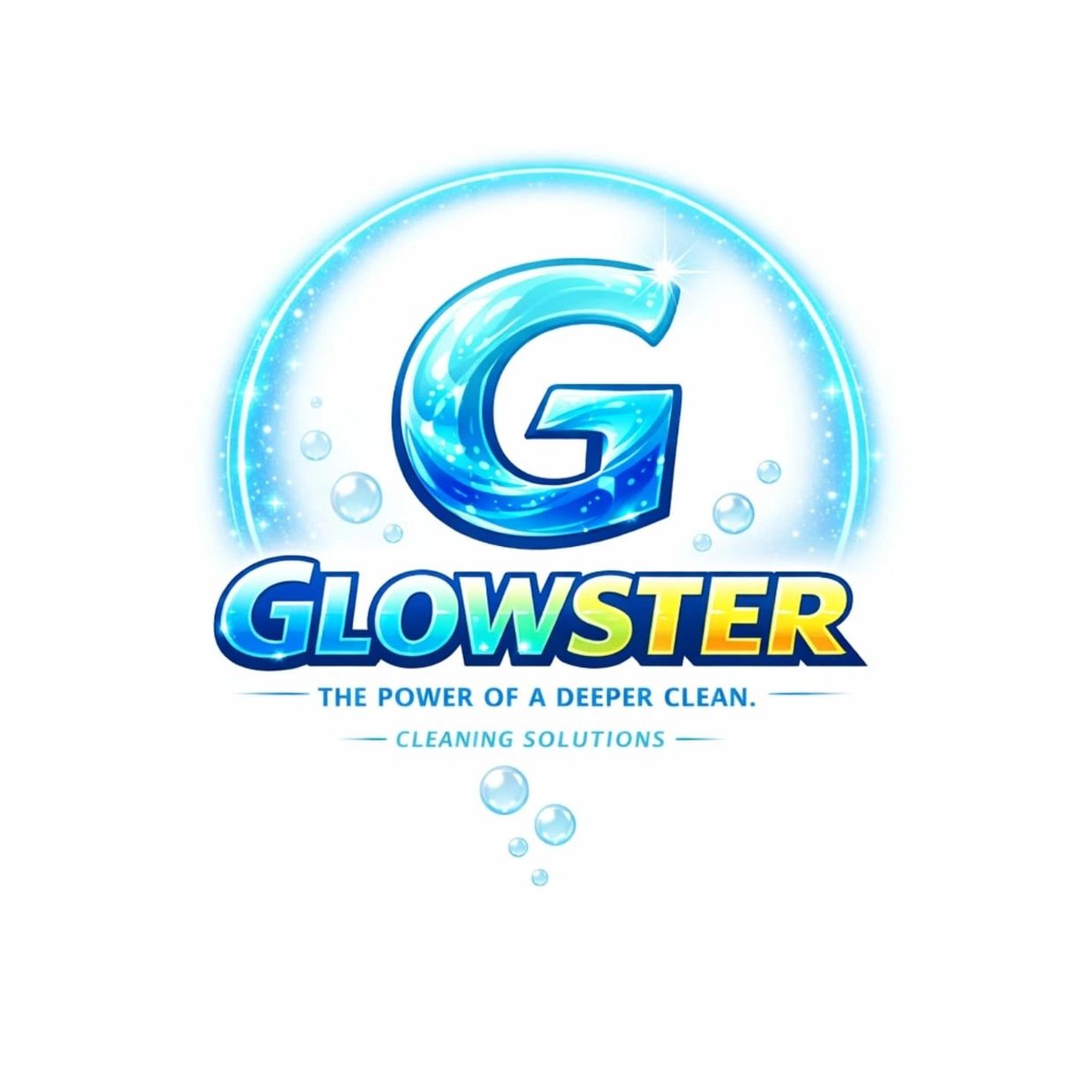 Bright and shiny logo for Glowster cleaning solutions with water bubbles.