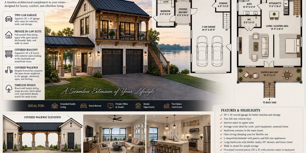 Modern two-car garage guest house with private suite and covered balcony.