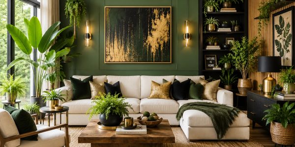 Cozy green-themed living room with plants and art.