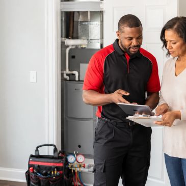 HVAC technician consulting with woman at home.