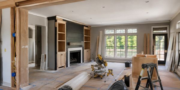 Living room under renovation with tools and wood.