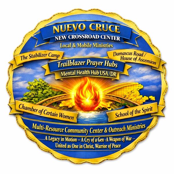 Emblem of Nuevo Cruce New Crossroad Center with various ministry programs and a central flame symbol.
