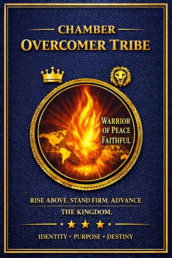 Chamber Overcomer Tribe emblem with fire, crown, lion, and empowering messages.