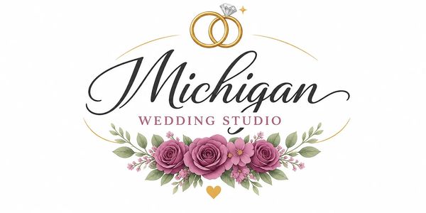 Logo for Michigan Wedding Studio with floral and ring design.
