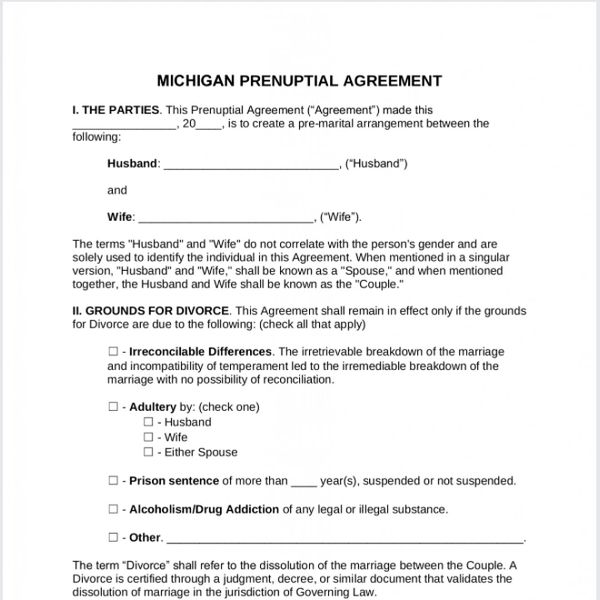 Michigan Prenuptial Agreement template with terms for divorce.
