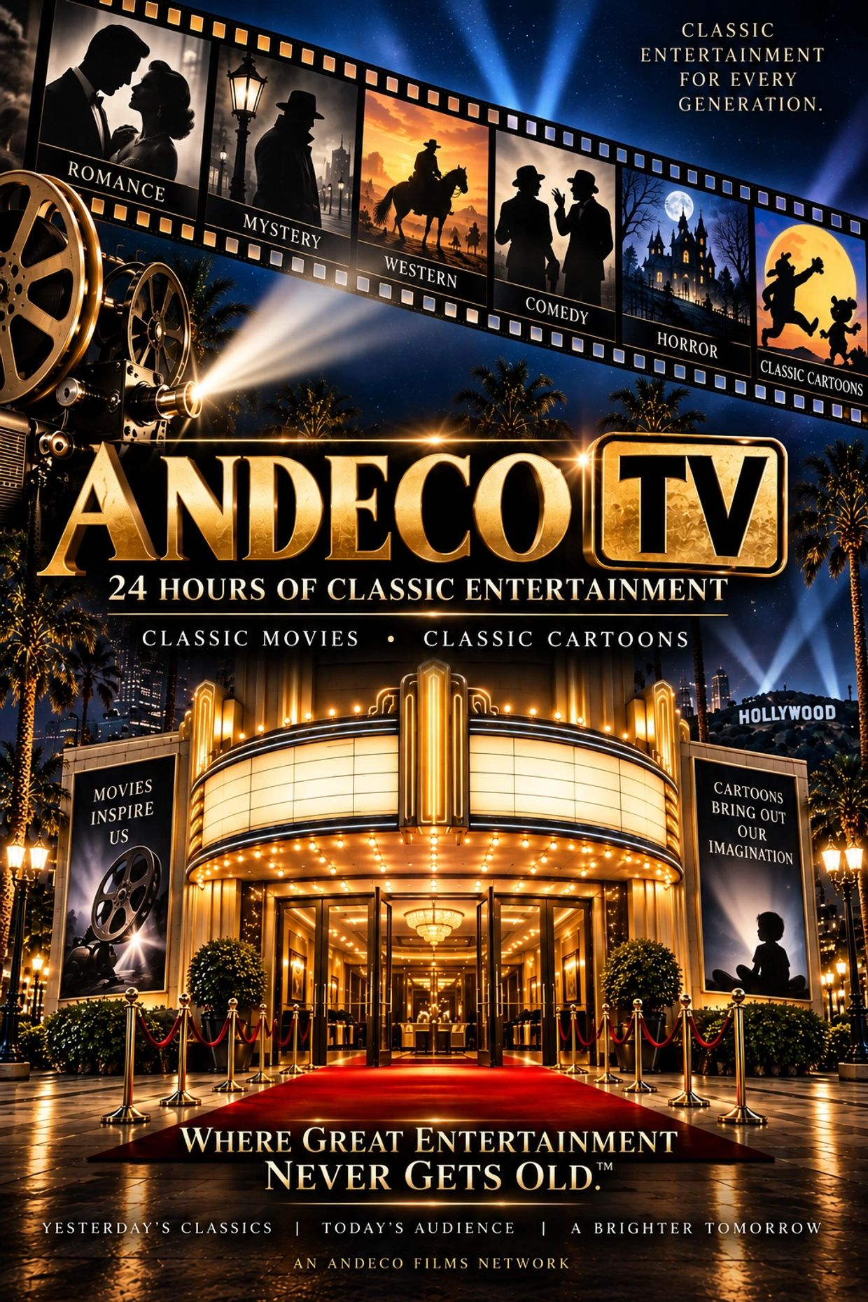 Golden vintage cinema entrance promoting Andeco TV and classic entertainment genres.