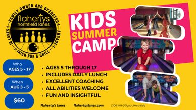 Colorful flyer for kids summer camp at Flaherty's Northfield Lanes.