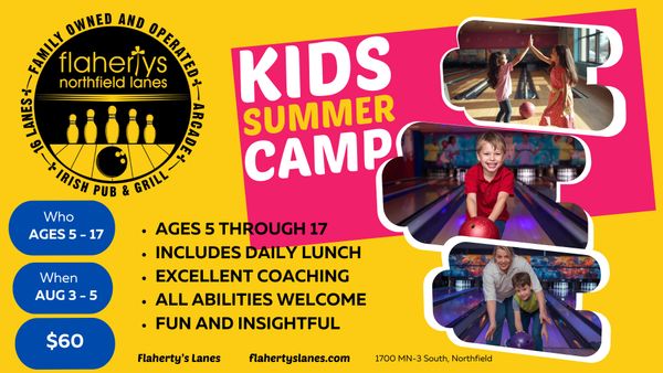 Colorful flyer for kids summer camp at Flaherty's Northfield Lanes.
