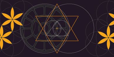 Geometric shapes and patterns intertwine in a dark, symmetrical design.
