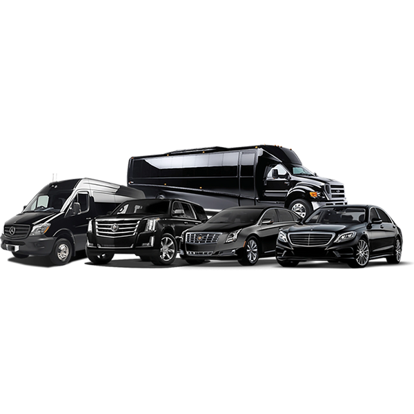 A lineup of luxury black vehicles including sedans, SUVs, a van, and a bus.