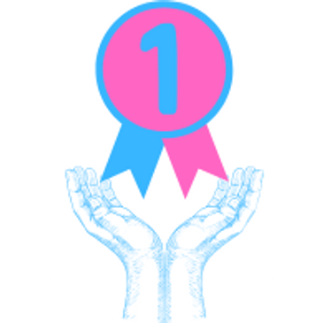 Hands holding a first-place ribbon with blue and pink colors.