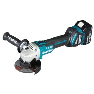 Cordless Makita angle grinder with handle and battery pack.