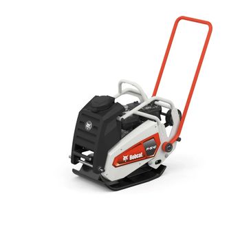 Bobcat plate compactor with white and orange design and black base.