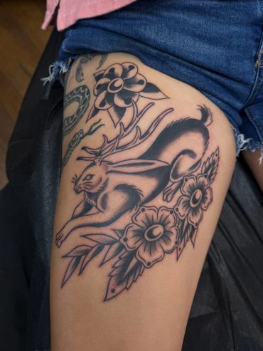 Black tattoo  of a jackalope done in Pensacola , Fl 