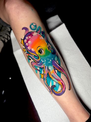 Lisa Frank inspired octopus tattoo done by Robert Smith in Pensacola Fl at fates tattoo 