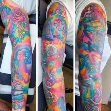 Colorful full sleeve tattoo with various artistic elements.